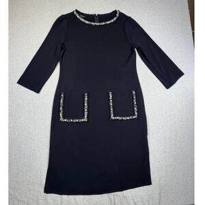 NWT Misook Women's Small Black Pearl Trim Dress 3/4 Sleeve Knit Career Elegant